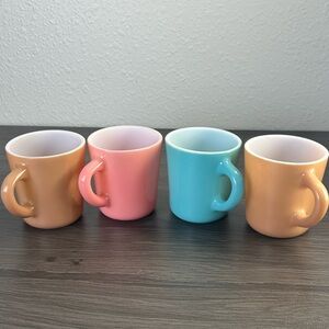 Vintage Hazel Atlas Glass Company Mid Century Coffee Mugs 4 Pink Turquoise 50s
